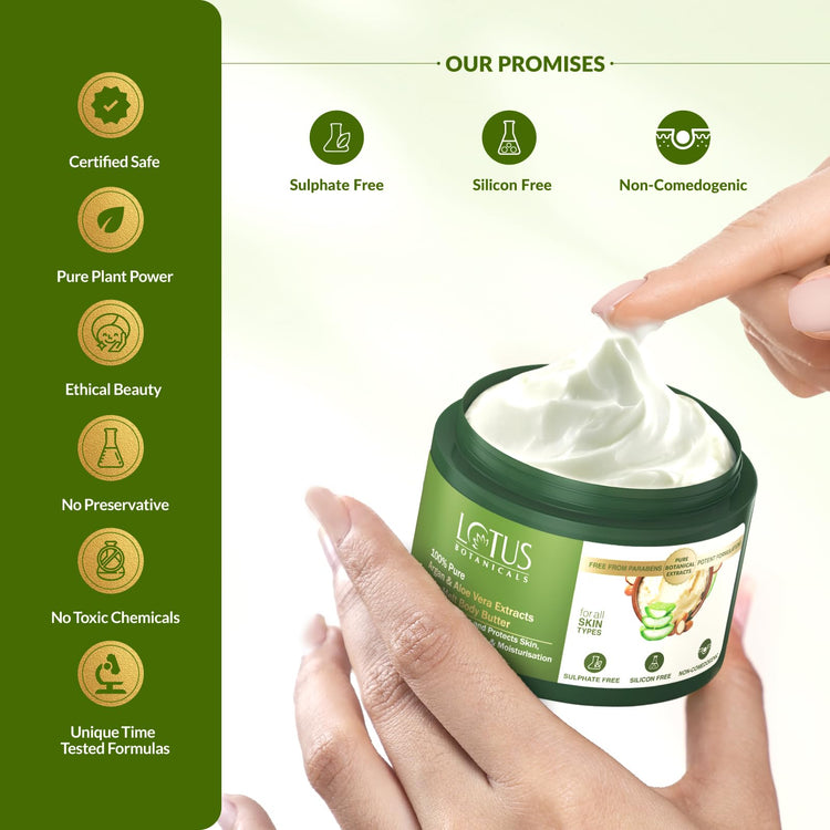 Lotus Botanicals 100% Pure Argan & Aloe Vera Extracts HydraMelt Body Butter | Deeply Moisturizes Dry Skin | Smooth & Nourished Skin | Repairs Damaged Skin | No Toxic Chemicals, No Sulphates, No Silicone, No Parabens | Suitable for All Skin Types | 200g