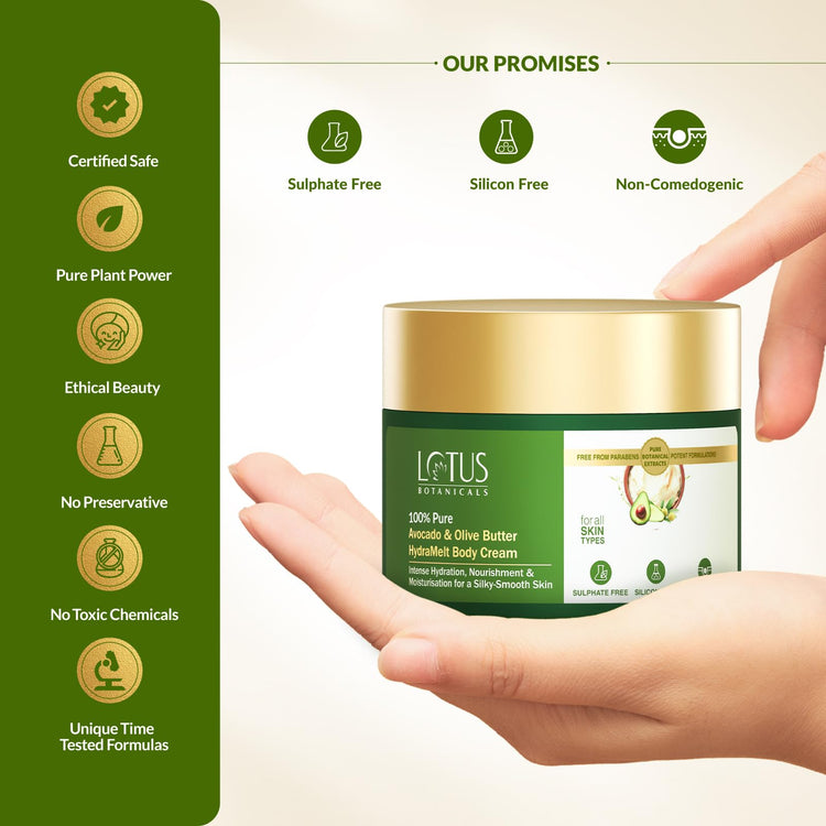 Lotus Botanicals 100% Pure Avocado & Olive Butter HydraMelt Body Cream | Deeply Moisturizes Dry Skin Smooth & Nourished Skin | Repairs Damaged Skin | No Toxic Chemicals | No Sulphates | No Silicones | No Parabens | Suitable for All Skin Types | 200g