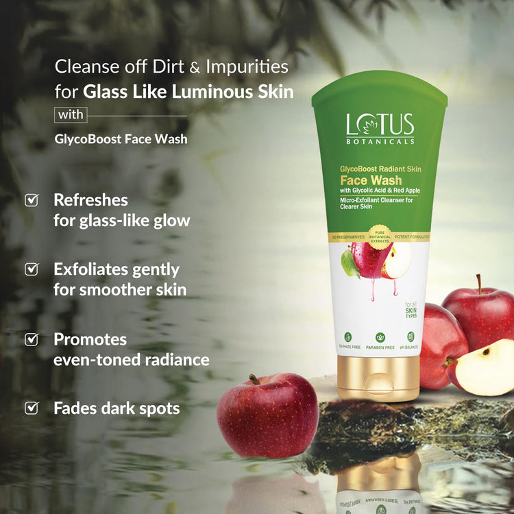 Lotus Botanicals GlycoBoost Radiant Skin Face Wash with Glycolic Acid & Red Apple| Micro Exfoliant Clenaser| Radiant Complexion | No Toxic Chemicals | No Sulphates | No Silicones | Suitable for All Skin Types | 100g