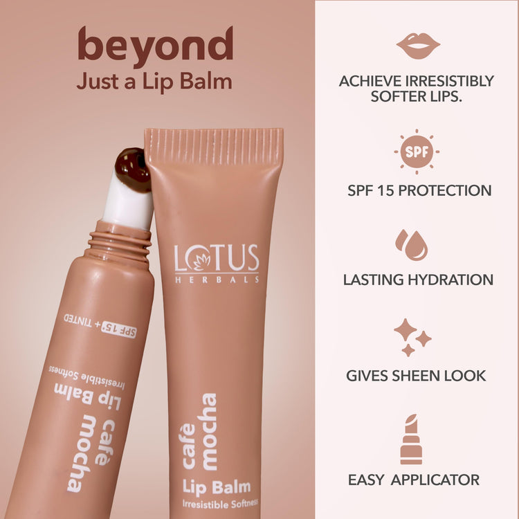 Lotus Herbals Café Mocha Lip Balm with SPF 15 for Dry and Chapped Lips, Moisturises, Softens, and Repairs Skin, Glossy Finish, With Vitamin E, Brown Tint, (Brown,10g),Pack of 2