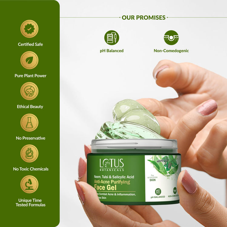 Lotus Botanicals Neem, Tulsi & Salicylic Acid Anti-Acne Purifying Face Gel | Helps Prevent Acne & Pimples | Helps Reduce Skin Redness & Inflammation | No Parabens | Suitable for Acne Prone Skin | 50g