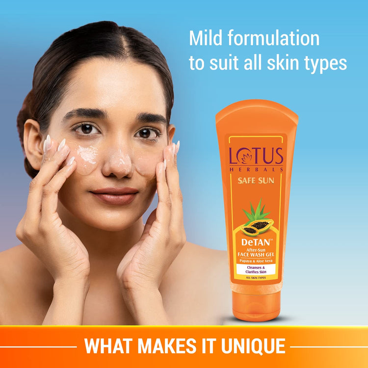 Lotus Herbals Safe Sun DeTAN After-Sun Face Wash Gel | Papaya & Aloe Vera |Preservative free, enriched with natural actives| All Skin Types | 100g