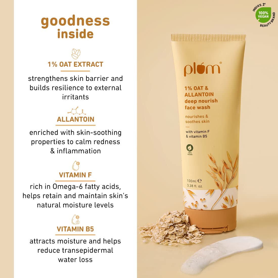 Plum 1% Oat & Allantoin Deep Nourish Face Wash | with Vitamin F & B5 | Nourishes & Soothes Skin | Restores Skin Barrier | Non-drying | 100% Vegan | 100 ml