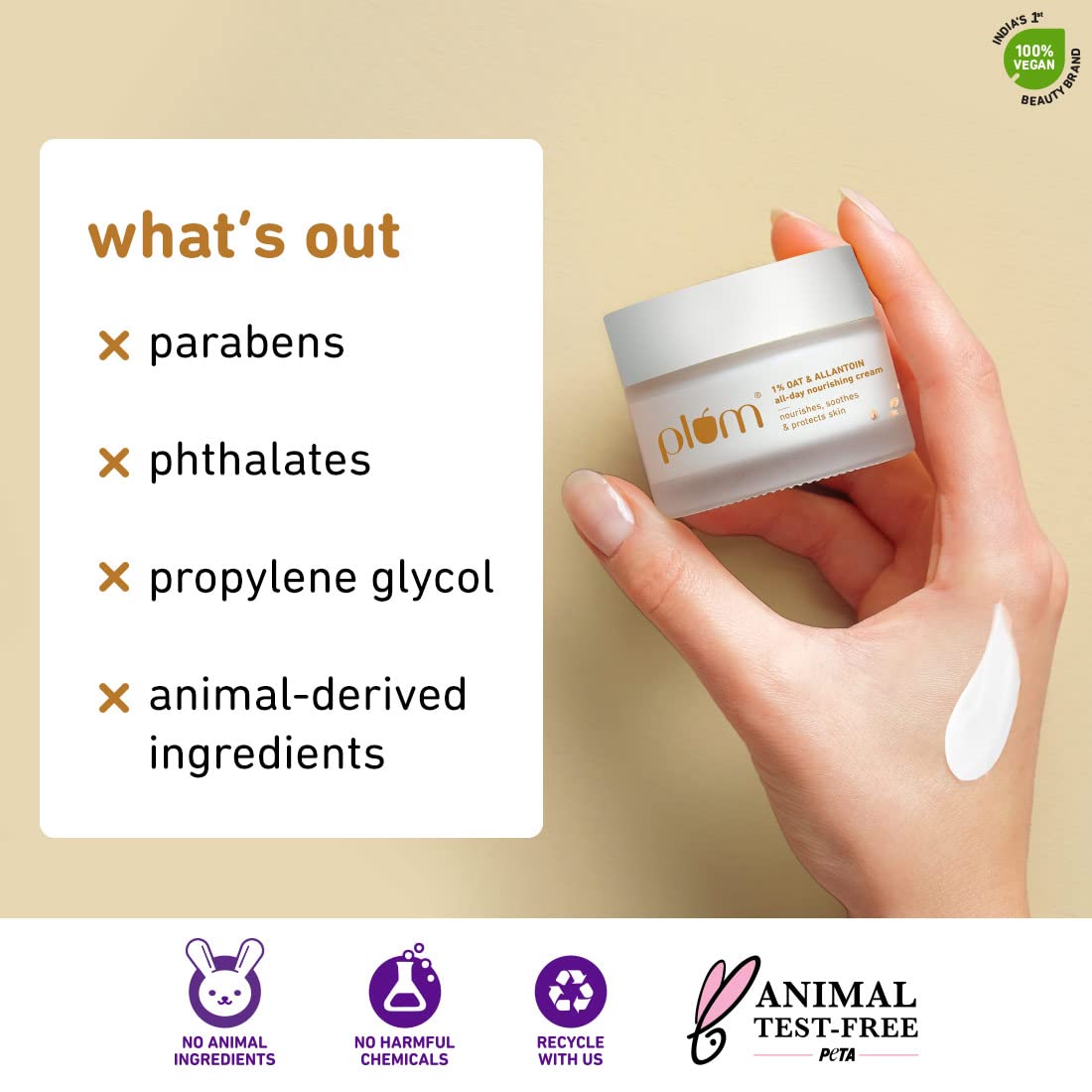 Plum 1% Oat & Allantoin All-day Nourishing Cream | with Vitamin E & B5 | Nourishes Skin | Soothes Inflamed Skin | Strengthens Skin Barrier | Moisturizing | 100% Vegan | 50g