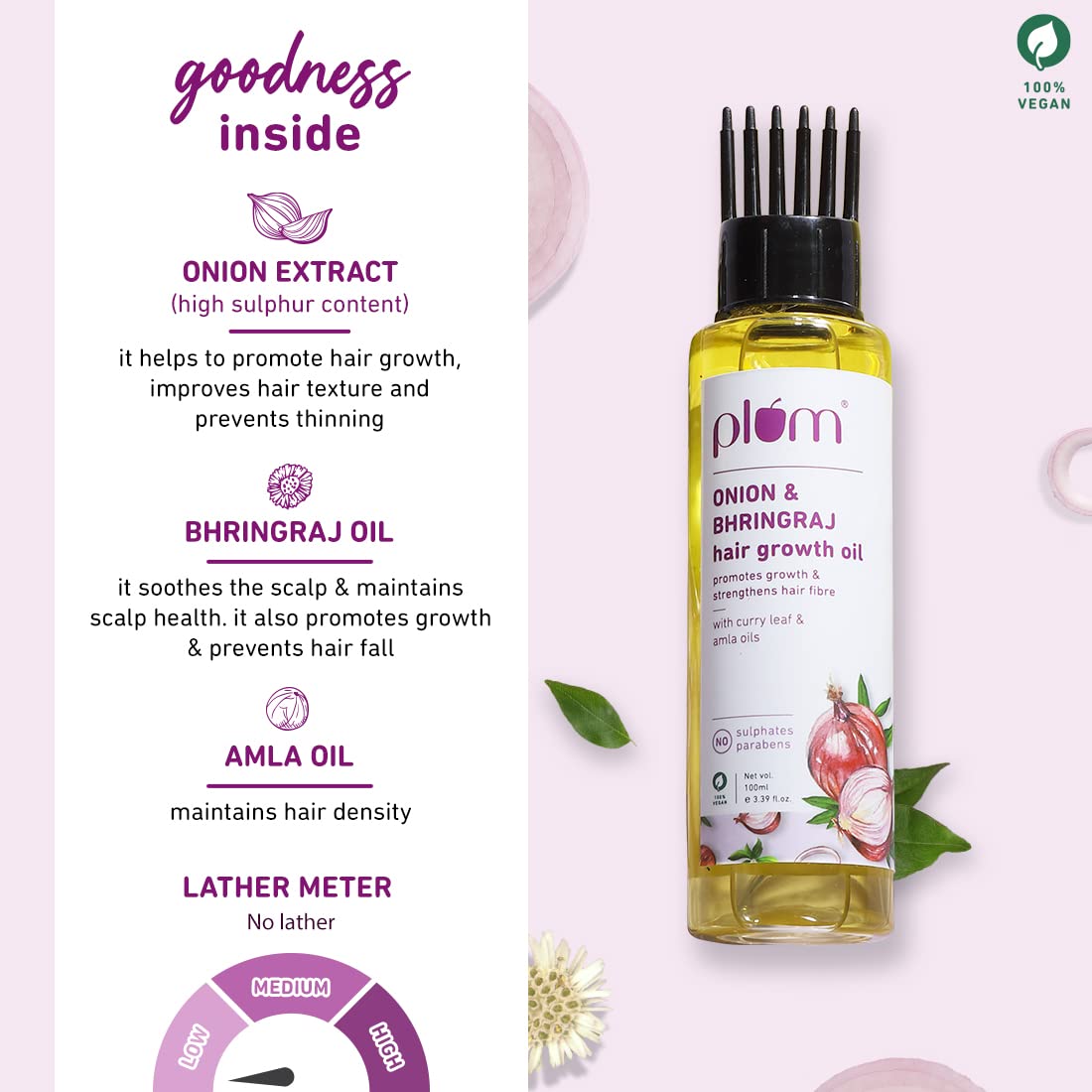 Plum Onion Hair Oil for Hair Fall and Regrowth with Bhringraj Oil, Curry Leaves and Alma Oil I Hair Growth Oil I For Women and Men | Paraben Free I 100ml