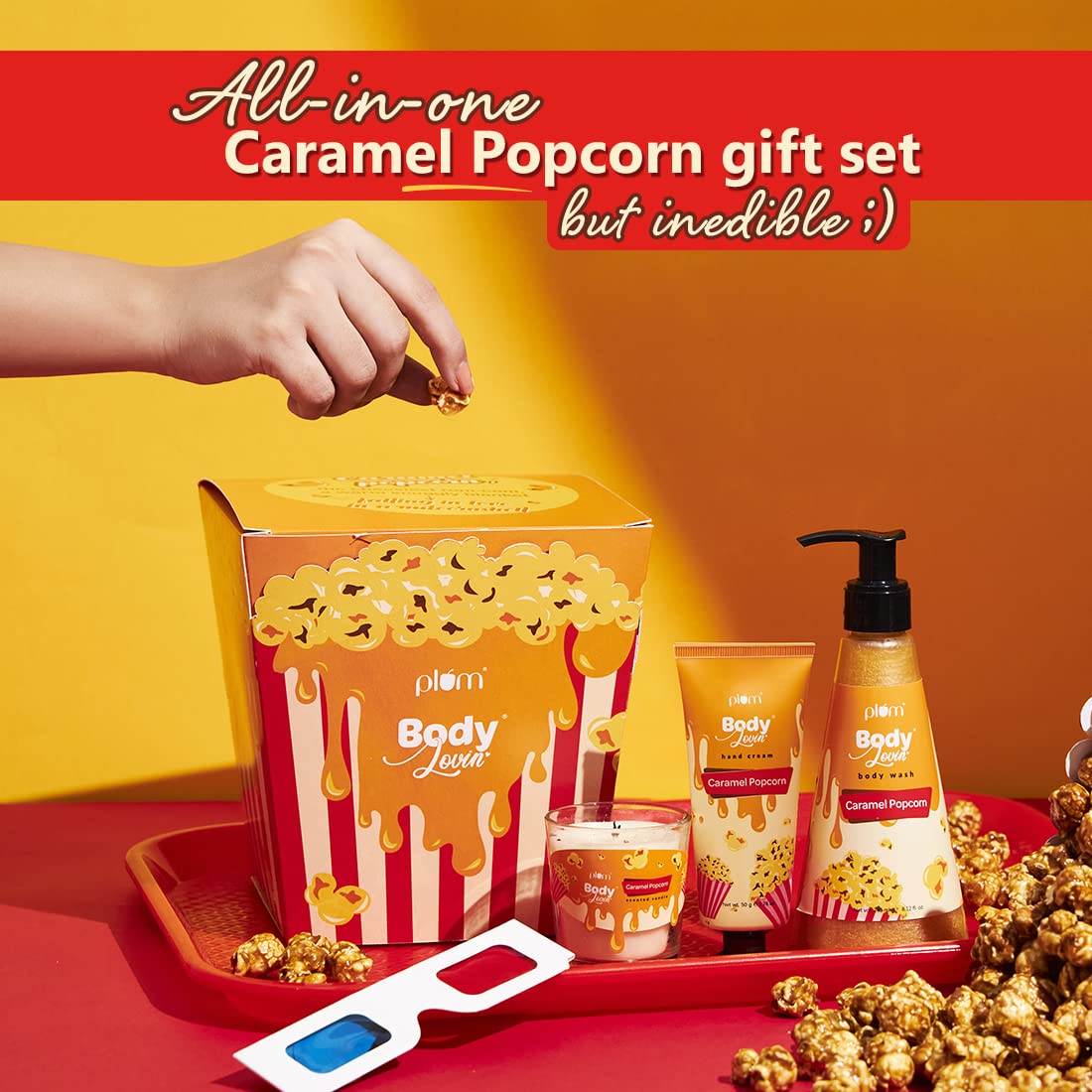 Plum BodyLovin' Caramel Popcorn & Chill Gift Kit | Body Wash | Hand Cream | Scented Candle | Gift Set | Valentine's Day Gift